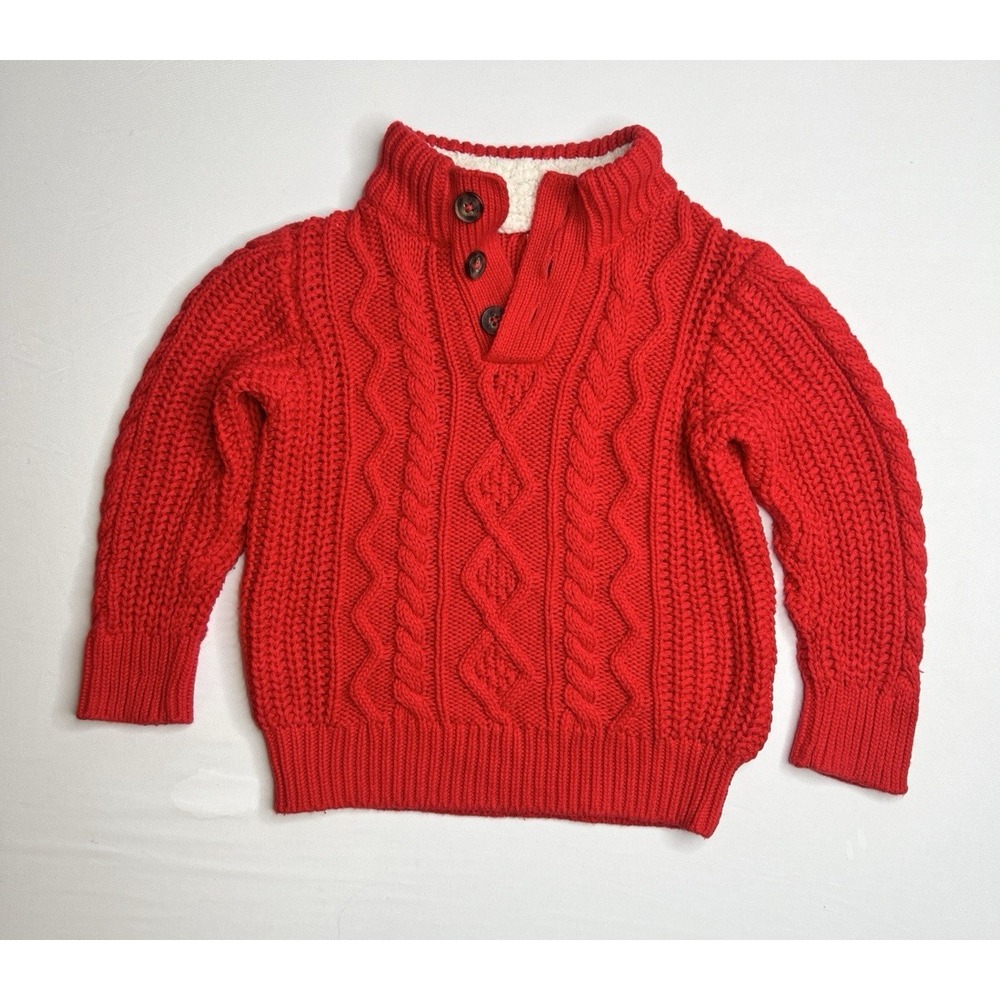 GAP Preppy Holiday Boys Mock Neck Red Fisherman Chunky Cable Knit Sweater Sz 2T